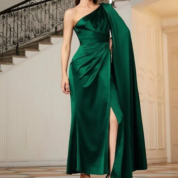 Dark Green Womens One Shoulder Cloak Sleeve Wrap Hem Solid Bridesmaid … - Picture 5 of 5